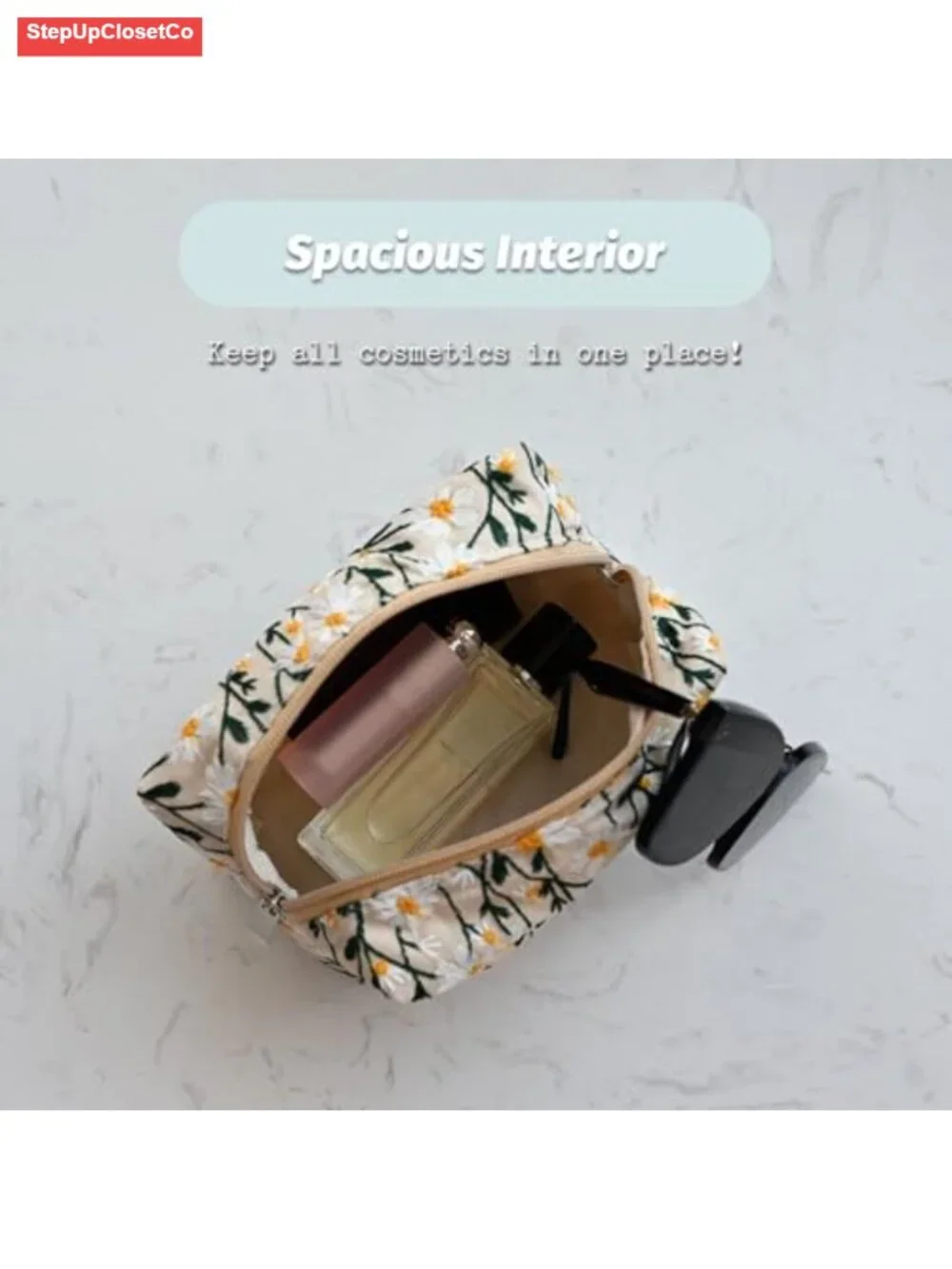 Floral Daisy Cosmetic Bag Large Capacity Toiletry Pouch Zipper Travel Makeup